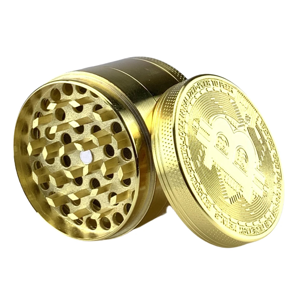 50Mm Bitcoin Gold Herb Grinder 4-Layer Spice Pepper Mill Mortar Metal Grass Raw Tobacco Grinder Smoking Accessories Kitchen Tool